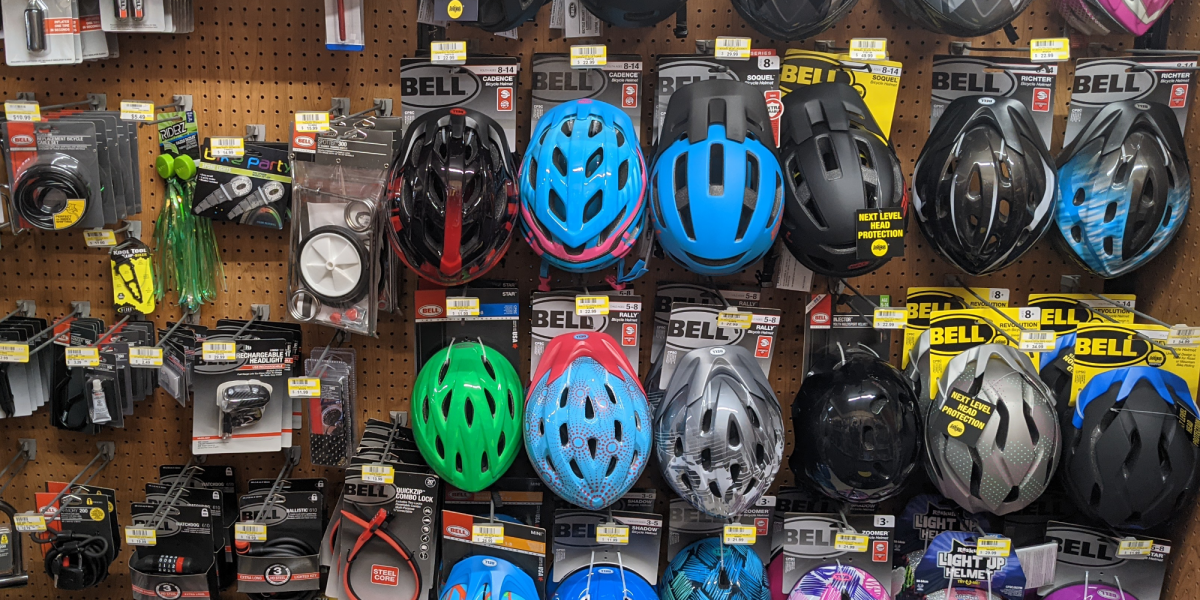 bicycle helments at sporting goods store 
