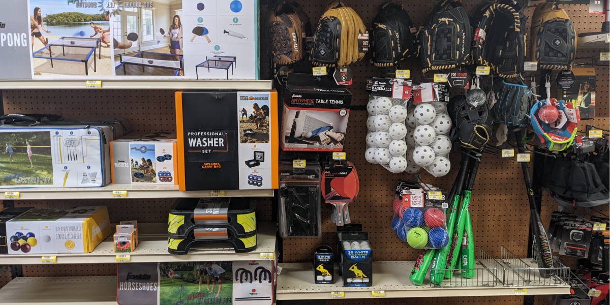 boche balls and wiffle ball equipment at sporting goods store