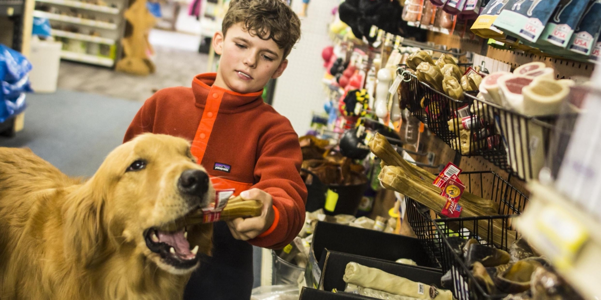 boy giving dog a treat at pet supply store